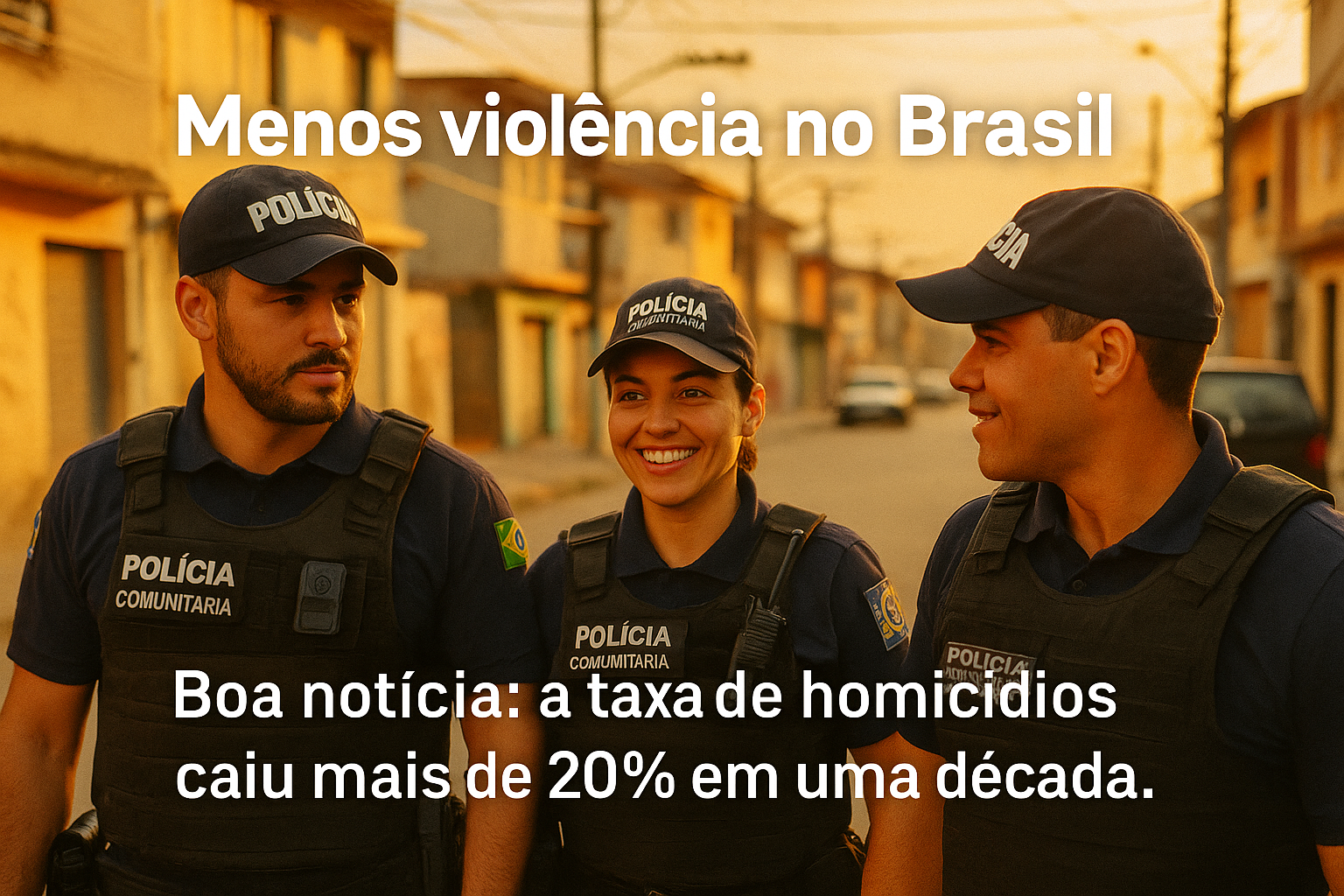 Praça ensolarada com pessoas caminhando e crianças brincando, representando a sensação de segurança e paz, com a frase “Menos violência no Brasil” em destaque.