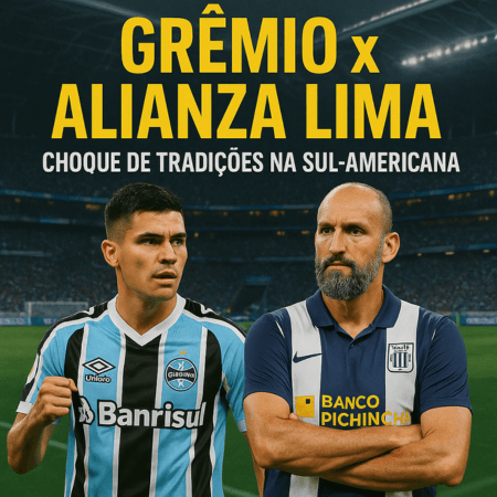 Jogadores dos times Grêmio e Alianza Lima em destaque, com fundo de estádio lotado à noite. À esquerda, Villasanti veste o uniforme tricolor do Grêmio, com expressão determinada. À direita, Hernán Barcos usa o uniforme azul e branco do Alianza Lima, com os braços cruzados e olhar sério. No topo da imagem, em letras grandes e amarelas, está o título "GRÊMIO x ALIANZA LIMA", seguido pela frase "CHOQUE DE TRADIÇÕES NA SUL-AMERICANA" em branco. A cena transmite clima de expectativa para um grande duelo de futebol sul-americano.
