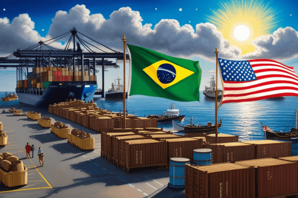 "Contêineres em porto simbolizando tarifas comerciais entre Brasil e EUA"