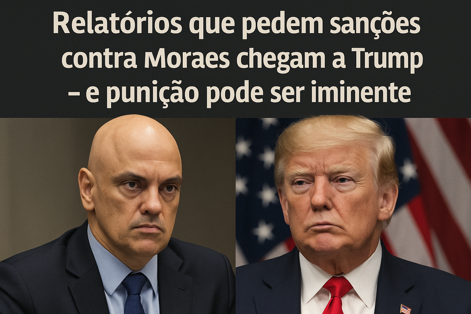Alexandre de Moraes e Donald Trump em destaque político internacional, com documentos de sanções chegando à mesa do ex-presidente dos Estados Unidos.