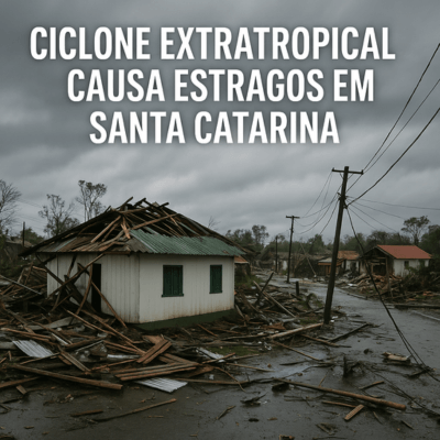 Imagem mostra os estragos causados por um ciclone extratropical em Santa Catarina. No centro da cena, uma casa branca com o telhado parcialmente destruído está cercada por entulhos de madeira. Ao fundo, postes de energia caídos e outras casas danificadas refletem a força do vento. O céu está completamente nublado, com nuvens escuras, criando um clima de tensão e devastação. A rua está coberta por destroços e poças d’água.