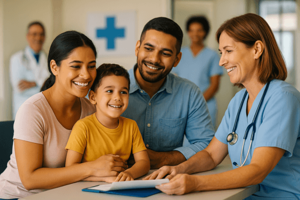 Família recebendo atendimento em posto de saúde do SUS, simbolizando os serviços da Seguridade Social no Brasil