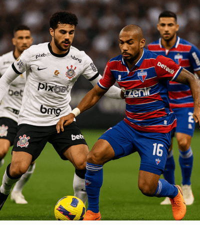"Jogadores do Corinthians e Fortaleza em disputa de bola durante partida do Campeonato Brasileiro 2025."