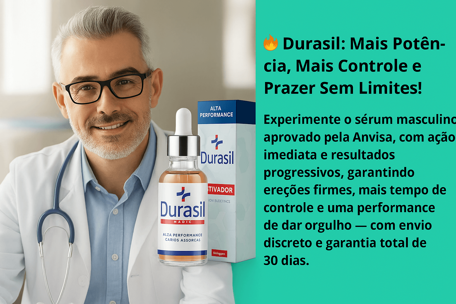 Médico sorridente ao lado do produto Durasil, sérum masculino em frasco com conta-gotas, acompanhado de sua embalagem, com destaque para benefícios de potência, controle e prazer.