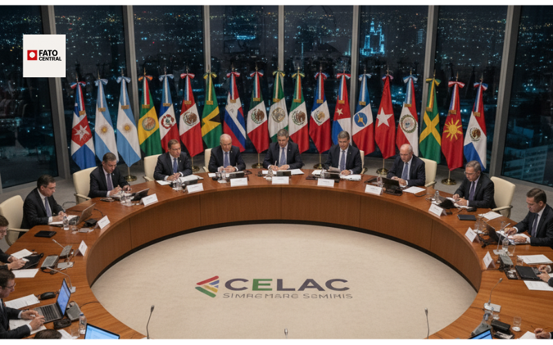 Líderes latino-americanos durante a Cúpula da CELAC 2024, mesa de reunião com bandeiras de países membros ao fundo, representando a integração regional e cooperação diplomática