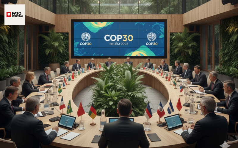 Cena realista de líderes mundiais reunidos na conferência COP30 em Belém, rodeados por bandeiras nacionais e um ambiente moderno com elementos sustentáveis como plantas, painéis solares e madeira natural, iluminado por uma luz suave que destaca o diálogo e a cooperação internacional para o clima.