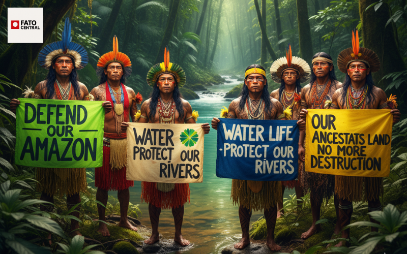 Imagem vibrante que mostra líderes indígenas em trajes tradicionais na floresta amazônica, segurando faixas com mensagens sobre preservação ambiental durante a COP30 em Belém, com árvores altas, rios cristalinos e luz natural filtrando-se pela copa das árvores, transmitindo uma atmosfera inspiradora e esperançosa.
