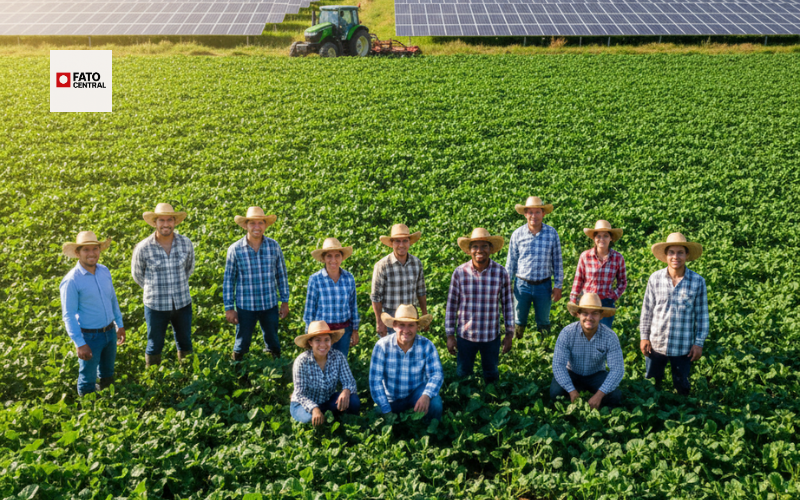 Agricultores trabalhando em lavoura verde com tecnologia sustentável e painéis solares ao fundo, representando segurança alimentar na América Latina.