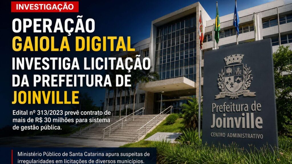 Fachada da Prefeitura de Joinville relacionada à reportagem sobre a investigação do Edital nº 313/2023 pelo Ministério Público de Santa Catarina.